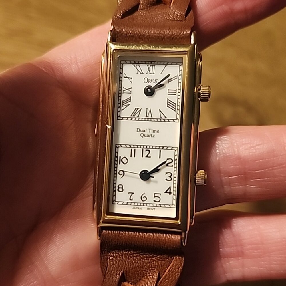 Vintage Orvis Dual Time Ladies Dress Watch Leather Band Quartz 6.25” New Battery